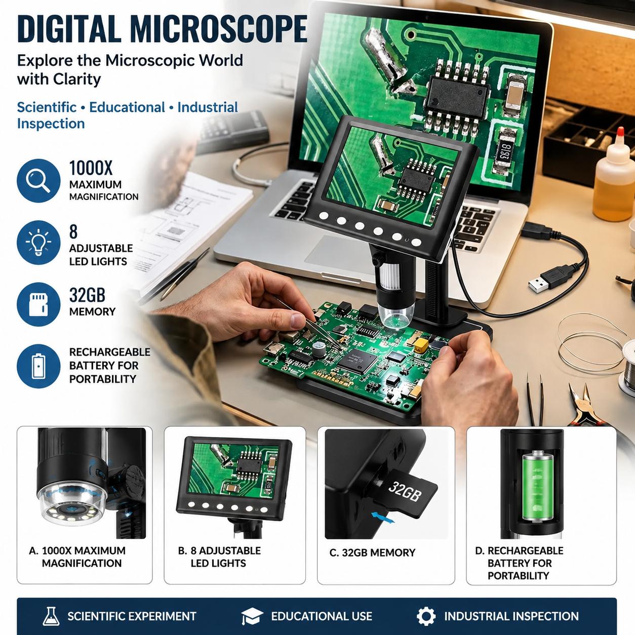 Diy Electronics Microscope - Inspektionsmikroskop 1000-fache Vergrößerung mit 8 LED-Leuchten